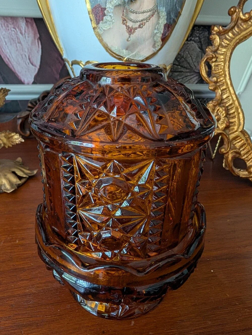 Vintage Indiana Glass Dark Amber Fairy Lamp, Stars and Bars, READ